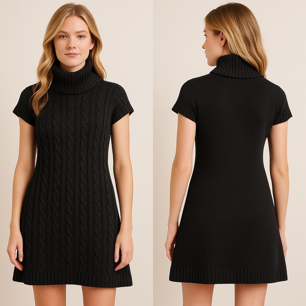 Short Sleeve Black Cable Knit Sweater Dress - Size XL